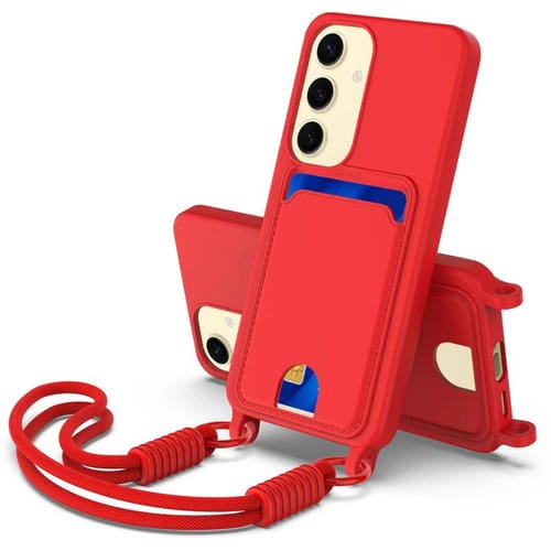 Funda de silicona líquida de color sólido para Samsung Galaxy S24 5G con tarjetero integrado y cordón corto (rojo)