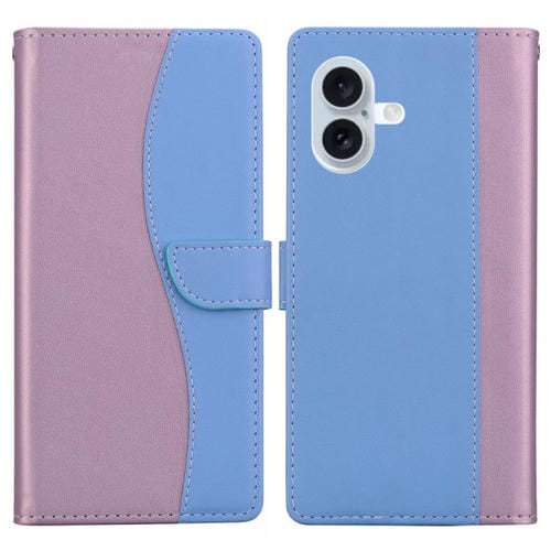 Funda de cuero bicolor con relieve para iPhone 16 Plus (rosa y azul)