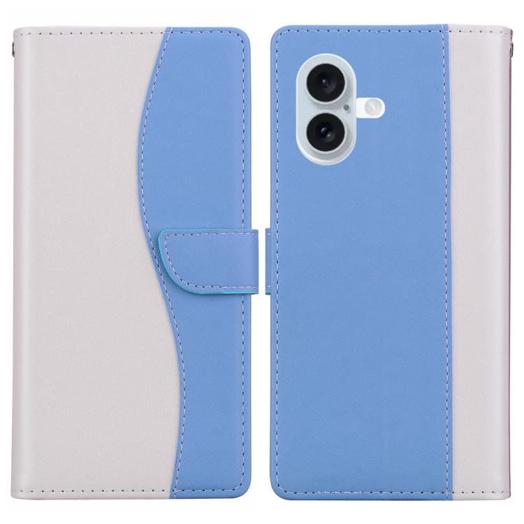 Funda de cuero bicolor con relieve para iPhone 16 Plus (blanco y azul)