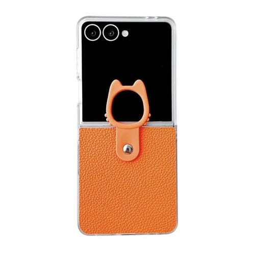 Funda de poliuretano termoplástico (PU) y policarbonato con marco transparente y soporte para anillo para Samsung Galaxy Z Flip6 5G (naranja)