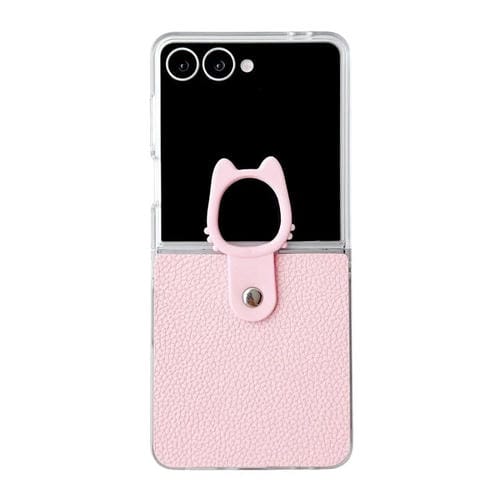 Funda de poliuretano termoplástico (PU) y policarbonato con marco transparente y soporte para anillo para Samsung Galaxy Z Flip6 5G (rosa)