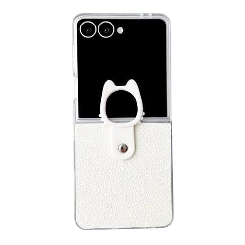 Funda de poliuretano termoplástico (PU) y policarbonato con marco transparente y soporte para anillo para Samsung Galaxy Z Flip5 5G (blanca)