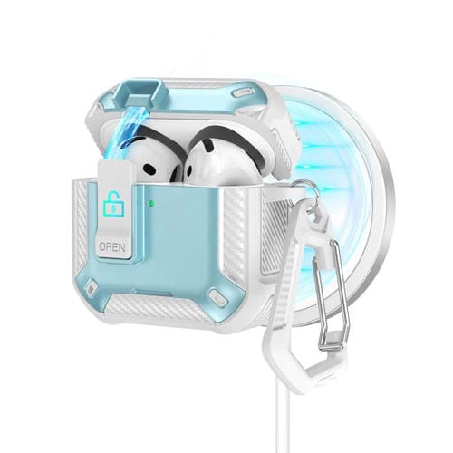 Estuche magnético MagSafe de dos colores para AirPods 4 con soporte y cierre de seguridad (blanco y azul)