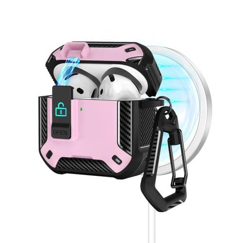 Estuche magnético MagSafe de dos colores para AirPods 4 con soporte y cierre de seguridad (negro y rosa)