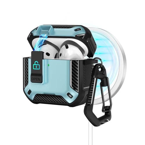 Estuche magnético MagSafe de dos colores para AirPods 4 con soporte y cierre de seguridad (negro y azul claro)