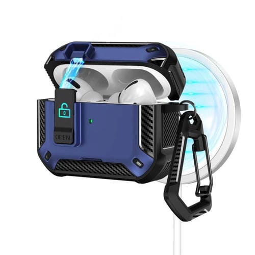 Estuche magnético MagSafe bicolor para AirPods Pro 2 con soporte y cierre de seguridad (negro y azul)