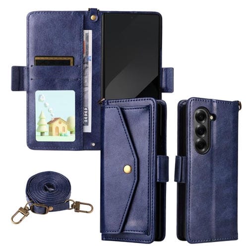 Funda de piel de vacuno cruzada con ranuras para múltiples tarjetas para Samsung Galaxy Z Fold6 5G (azul)