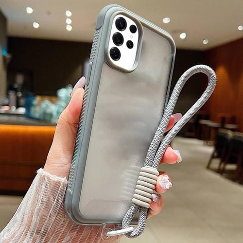 Funda de acrílico transparente de TPU con borde liso y correa para la muñeca para Samsung Galaxy S25 Ultra / S24 Ultra 5G (gris)