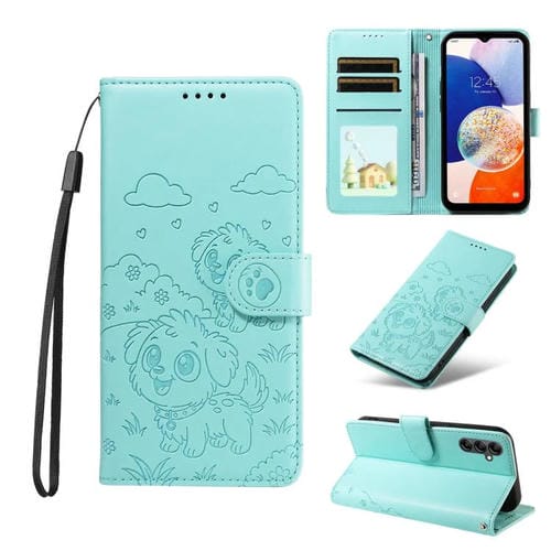 Funda de cuero con bloqueo RFID para Samsung Galaxy A14 4G/5G, con diseño de corazón en relieve y perro (verde)