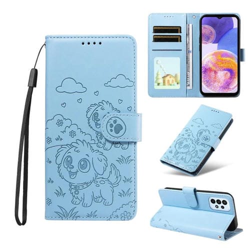 Funda de cuero con bloqueo RFID para Samsung Galaxy A23 4G/5G, con diseño de corazón y perro en relieve (azul cielo)