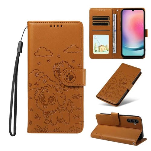 Funda de cuero tipo billetera con bloqueo RFID para Samsung Galaxy A24 4G, con diseño de corazón y perro en relieve (marrón)