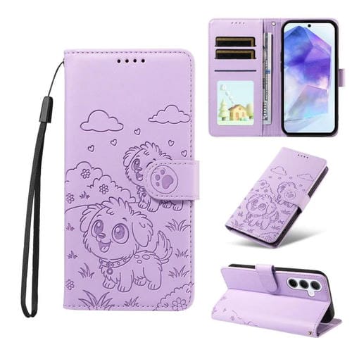 Funda de cuero tipo billetera con bloqueo RFID para Samsung Galaxy A55 5G, con diseño de corazón y perro en relieve (morado)