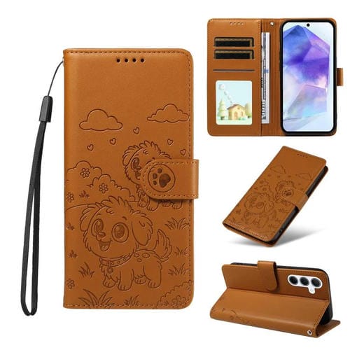 Funda de cuero tipo billetera con bloqueo RFID para Samsung Galaxy A55 5G, con diseño de corazón y perro en relieve (marrón)