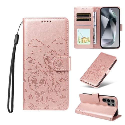Funda de cuero tipo billetera con bloqueo RFID para Samsung Galaxy S24 Ultra 5G, con diseño de corazón en relieve y perro (oro rosa)