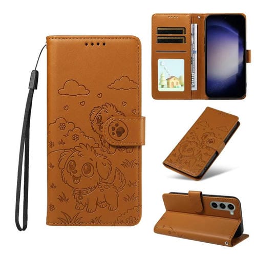 Funda de cuero con bloqueo RFID para Samsung Galaxy S23+ 5G, con diseño de corazón en relieve y perro (marrón)