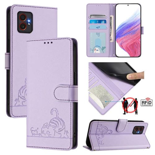 Funda de cuero RFID con estampado de gato y rata para Samsung Galaxy XCover7 Pro con cordón (morado)