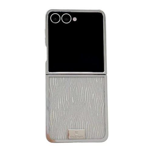 Funda para Samsung Galaxy Z Flip5 con marco chapado, placa de identificación de papel brillante, cobertura total (plata ondulada)