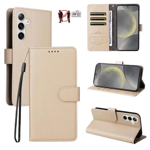 Funda de cuero tipo billetera con bloqueo RFID para Samsung Galaxy S25/S24 5G, textura Litchi, para 3 tarjetas (beige)
