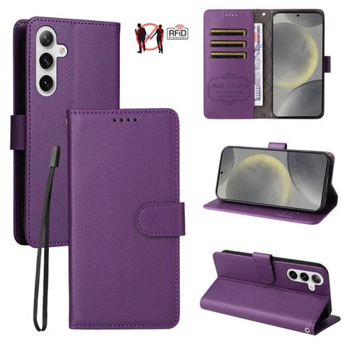 Funda de cuero tipo billetera con bloqueo RFID para Samsung Galaxy S25+ / S24+ 5G, textura Litchi, para 3 tarjetas (morado)