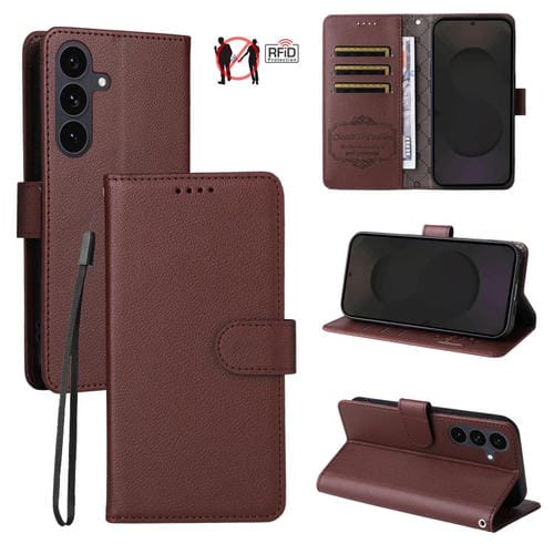 Funda de cuero tipo billetera con bloqueo RFID para Samsung Galaxy S25 FE 5G, textura Litchi, para 3 tarjetas (marrón)