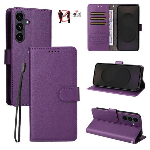 Funda de cuero tipo billetera con bloqueo RFID para Samsung Galaxy S25 FE 5G, textura Litchi, para 3 tarjetas (morado)