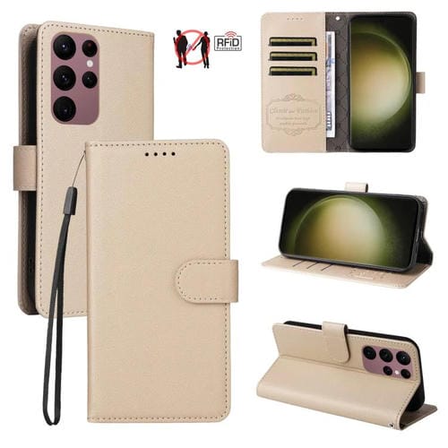 Funda de cuero tipo billetera con textura Litchi y bloqueo RFID para Samsung Galaxy S23 Ultra 5G (beige)