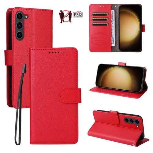 Funda de cuero tipo billetera con bloqueo RFID para Samsung Galaxy S23+ 5G, textura Litchi, para 3 tarjetas (roja)