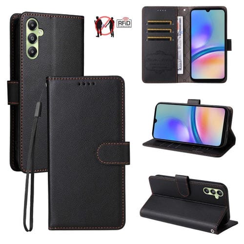 Funda de cuero con textura Litchi para Samsung Galaxy A05s, con bloqueo RFID y capacidad para 3 tarjetas (negro)