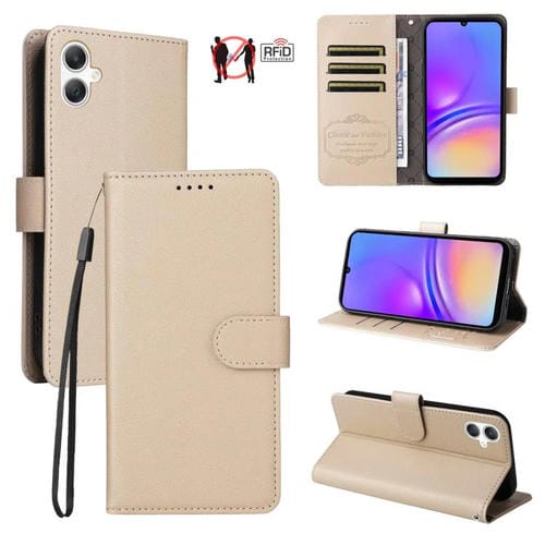 Funda de cuero tipo billetera con bloqueo RFID para Samsung Galaxy A07 4G/5G, textura Litchi, para 3 tarjetas (beige)