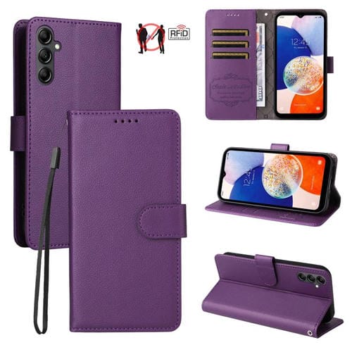 Funda de cuero tipo billetera con bloqueo RFID para Samsung Galaxy A14 4G/5G, textura Litchi, para 3 tarjetas (morado)