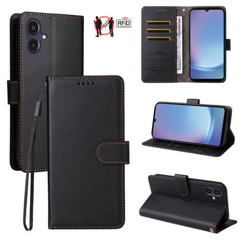 Funda de cuero con textura Litchi para Samsung Galaxy A25e, con bloqueo RFID y capacidad para 3 tarjetas (negro)