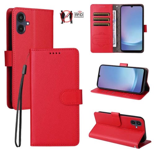 Funda de cuero tipo billetera con bloqueo RFID para Samsung Galaxy A25e, textura Litchi, para 3 tarjetas (roja)