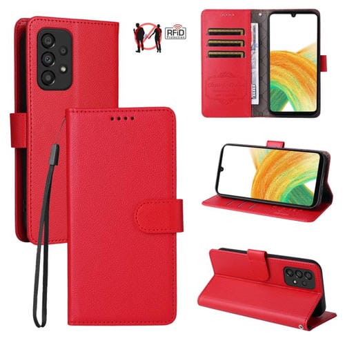 Funda de cuero con textura Litchi para Samsung Galaxy A33 5G, con bloqueo RFID y capacidad para 3 tarjetas (roja)