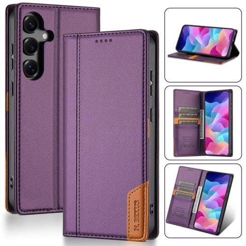 Funda de cuero con tapa magnética y costuras RFID para Samsung Galaxy S25 FE 5G N.BEKUS P3 (morado)