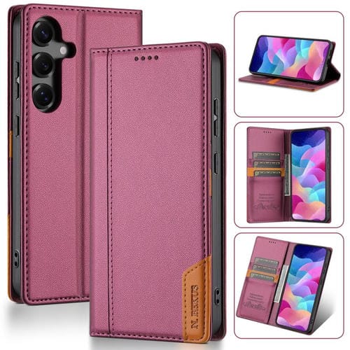Funda de cuero con tapa magnética N.BEKUS P3 con costuras RFID para Samsung Galaxy S25 FE 5G (rojo vino)