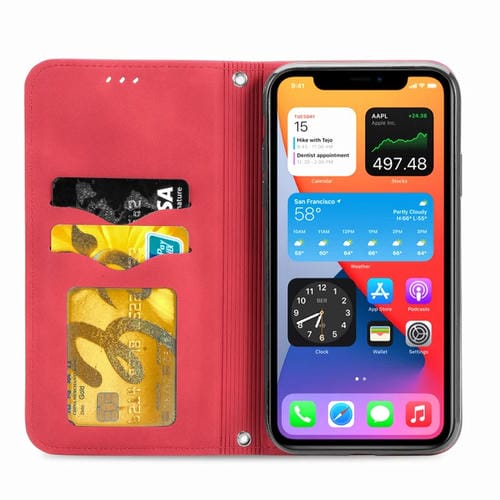 Funda de Cuero para iPhone 12 Mini Retro Skin Feel Business con Tapa Horizontal Magnética Soporte Ranuras Tarjetas Billetera Marco de Fotos (Rojo)