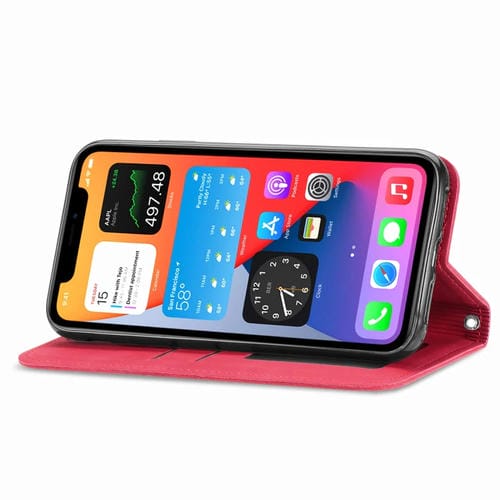 Funda de Cuero para iPhone 12 Mini Retro Skin Feel Business con Tapa Horizontal Magnética Soporte Ranuras Tarjetas Billetera Marco de Fotos (Rojo)