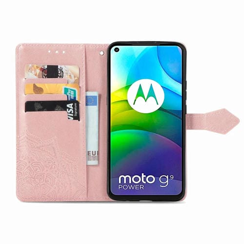 Para Motorola G9 Power Mandala Flower Funda de cuero horizontal en relieve con soporte y tres ranuras para tarjetas y billetera y cordón (oro rosa)