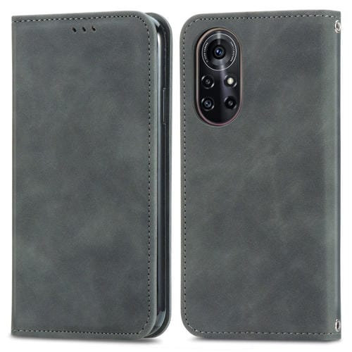 Capa retro de la piel de la piel con la funda de cuero horizontal magnética con soporte y tragamonedas y billetera y marco de fotos para Huawei NOVA 8 PRO (gris)