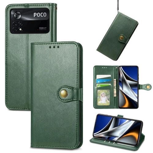 Para Xiaomi Poco X4 Pro 5G Retro Color de Color Sólido Hebilla Caja de cuero (verde)