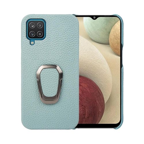 Para Samsung Galaxy A12 Ring Holder Litchi Texture Funda de cuero genuino para teléfono (cian)