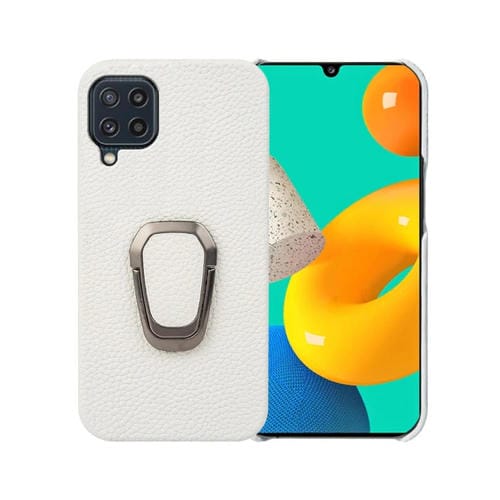 Para Samsung Galaxy M32 Ring Holder Litchi Texture Funda de teléfono de cuero genuino (Blanco)