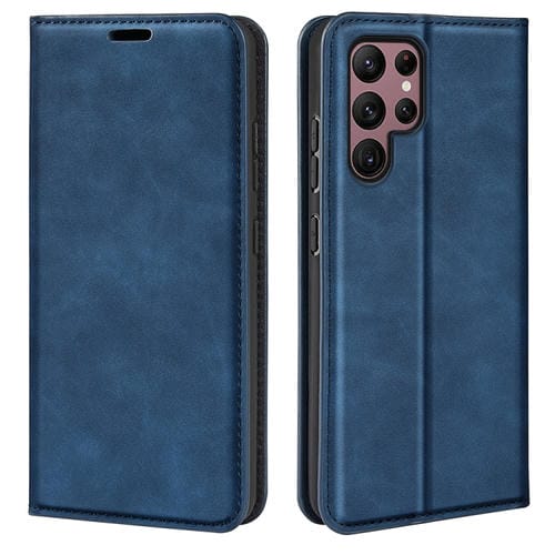 Para Samsung Galaxy S23 Ultra 5G Funda de cuero con succión magnética de piel retro (Azul oscuro)
