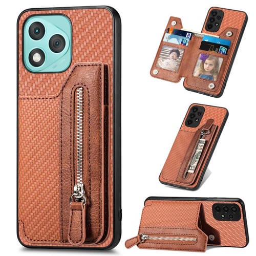 Funda de teléfono con tapa horizontal y cremallera de fibra de carbono para Honor 400 Lite (marrón)