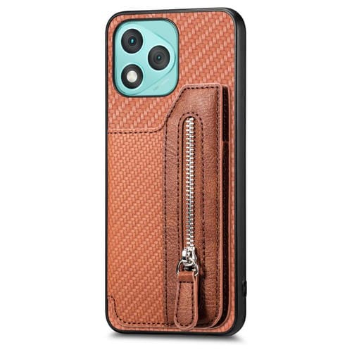 Funda de teléfono con tapa horizontal y cremallera de fibra de carbono para Honor 400 Lite (marrón)