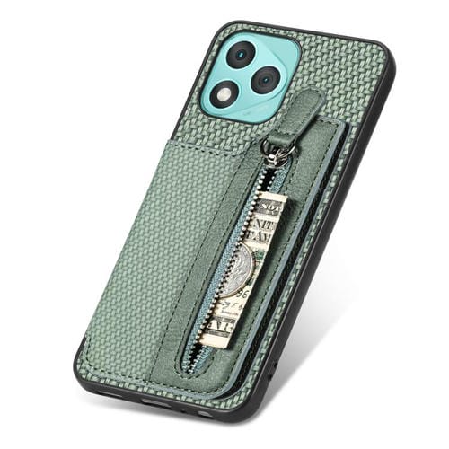 Funda de teléfono con tapa horizontal y cremallera de fibra de carbono para Honor 400 Lite (verde)