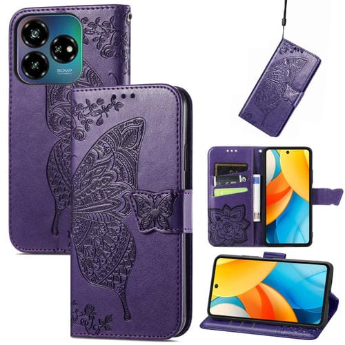 Funda de Cuero con Relieve Mariposa y Flor para ZTE Blade V60 Vita (Morado Oscuro)