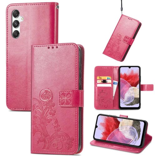 Funda de Cuero Samsung Galaxy M34 5G con Hebilla en Relieve y Cierre de Cuatro Hojas (Magenta)