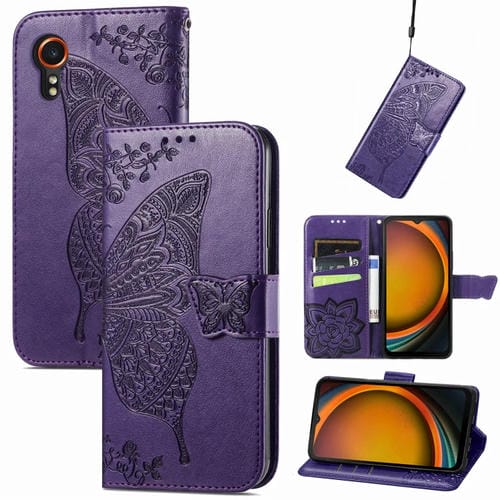 Funda para Teléfono Samsung Galaxy Xcover 7 Cuero Relieve Flor de Amor y Mariposa (Púrpura Oscuro)