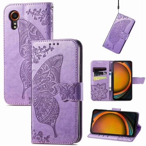 Funda para teléfono Samsung Galaxy Xcover 7 de cuero con relieve Flor de Amor y Mariposa (Púrpura Claro)